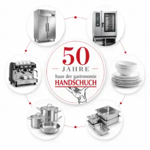 Jubiläumsgrafik: 50 Jahre Handschuch, umgeben von Großküchengeräten
