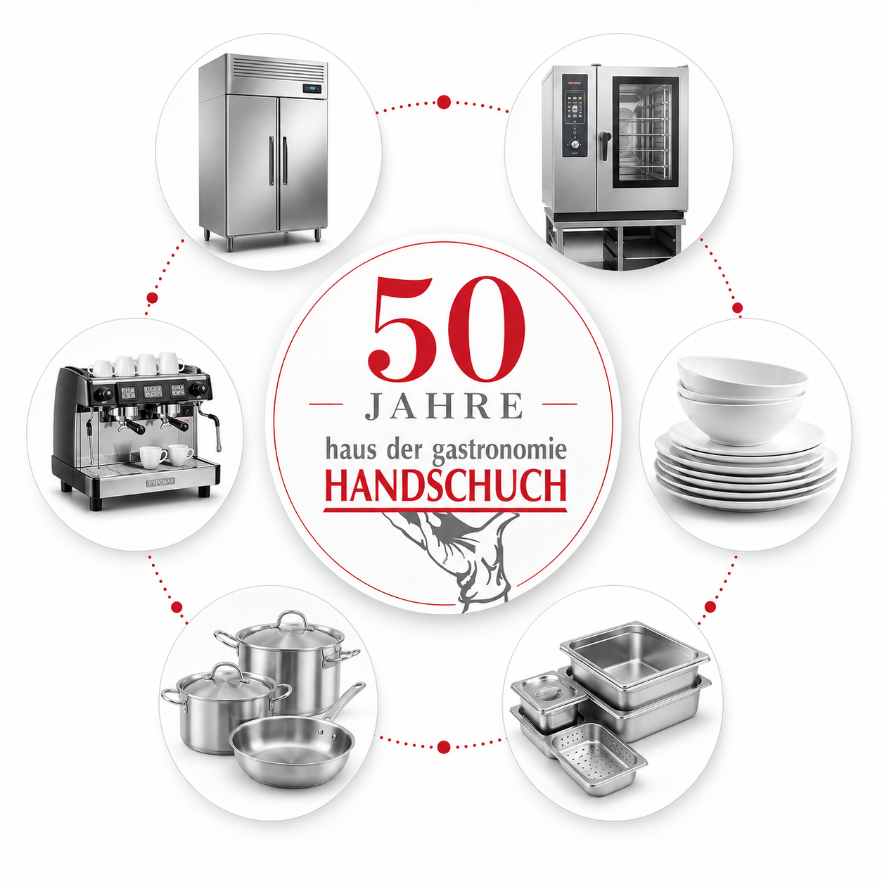 Jubiläumsgrafik: 50 Jahre Handschuch, umgeben von Großküchengeräten