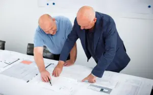 Zwei Mitarbeiter besprechen Baupläne für eine Küchenplanung