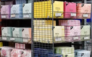 Gitterregale mit verpacktem Porzellan und Verbrauchsartikeln im Lager